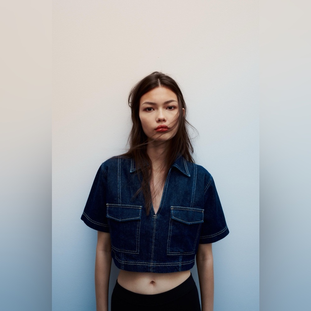 ZARA Women's Dark Blue Denim Top